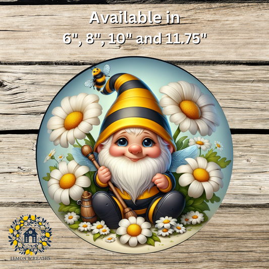 Bumble Bee Gnome With Daisies Metal Sign