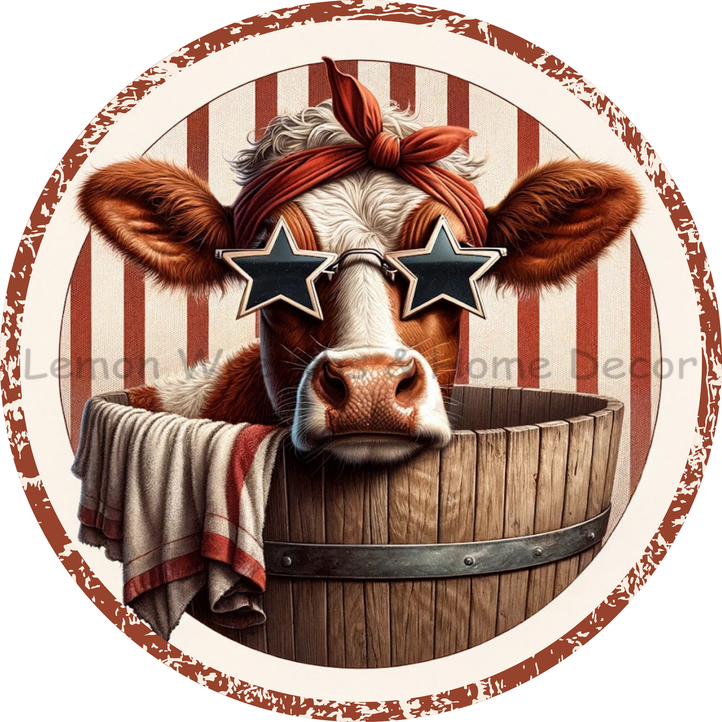 Patriotic Cow in Water Bucket Distressed Border Metal Sign