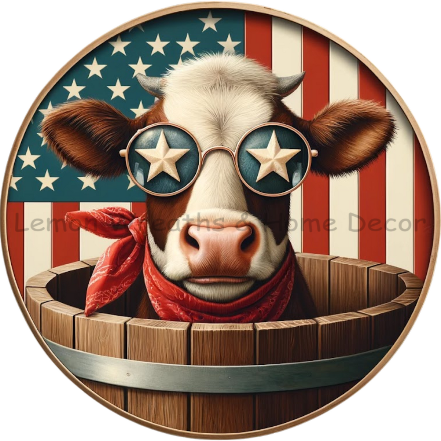 Patriotic Cow in Water Bucket American Flag Metal Sign