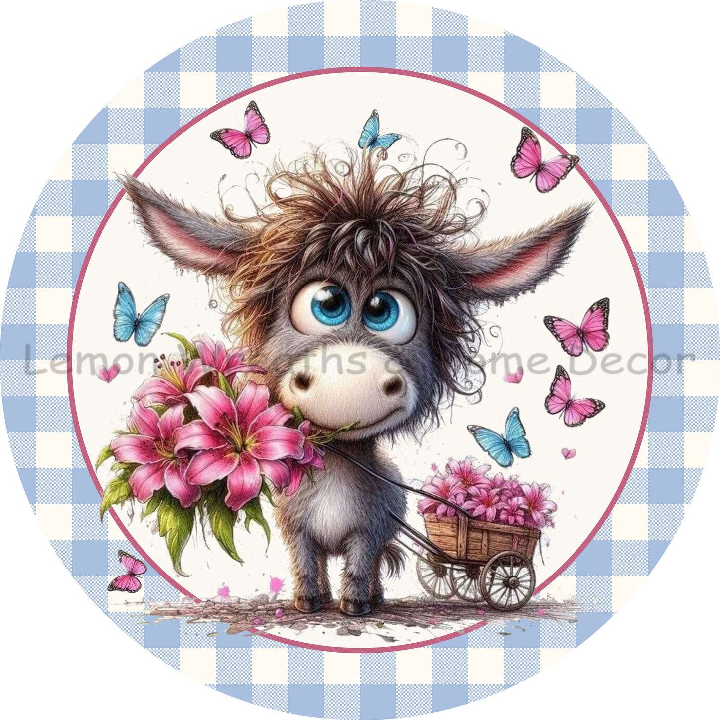 Cute Donkey Lilies and Butterflies Metal Sign