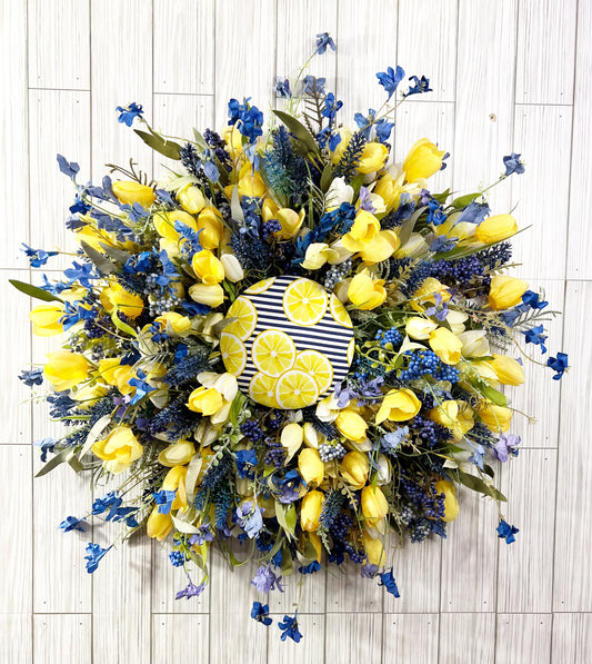 Lemon and Spring Blue Floral Wreath