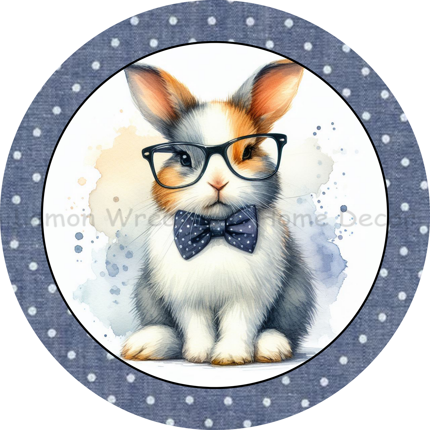 Denim Blue Bow Tie Bunny Wearing Glasses Metal Sign