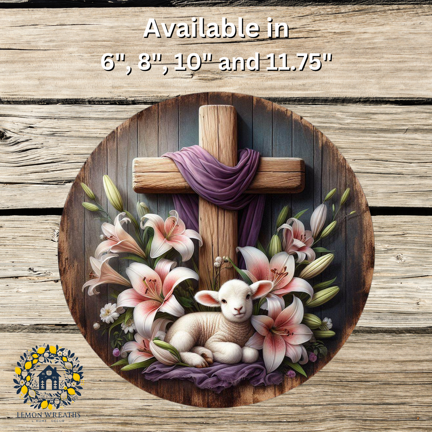 Easter Cross and Lilies Wood Background Metal Sign
