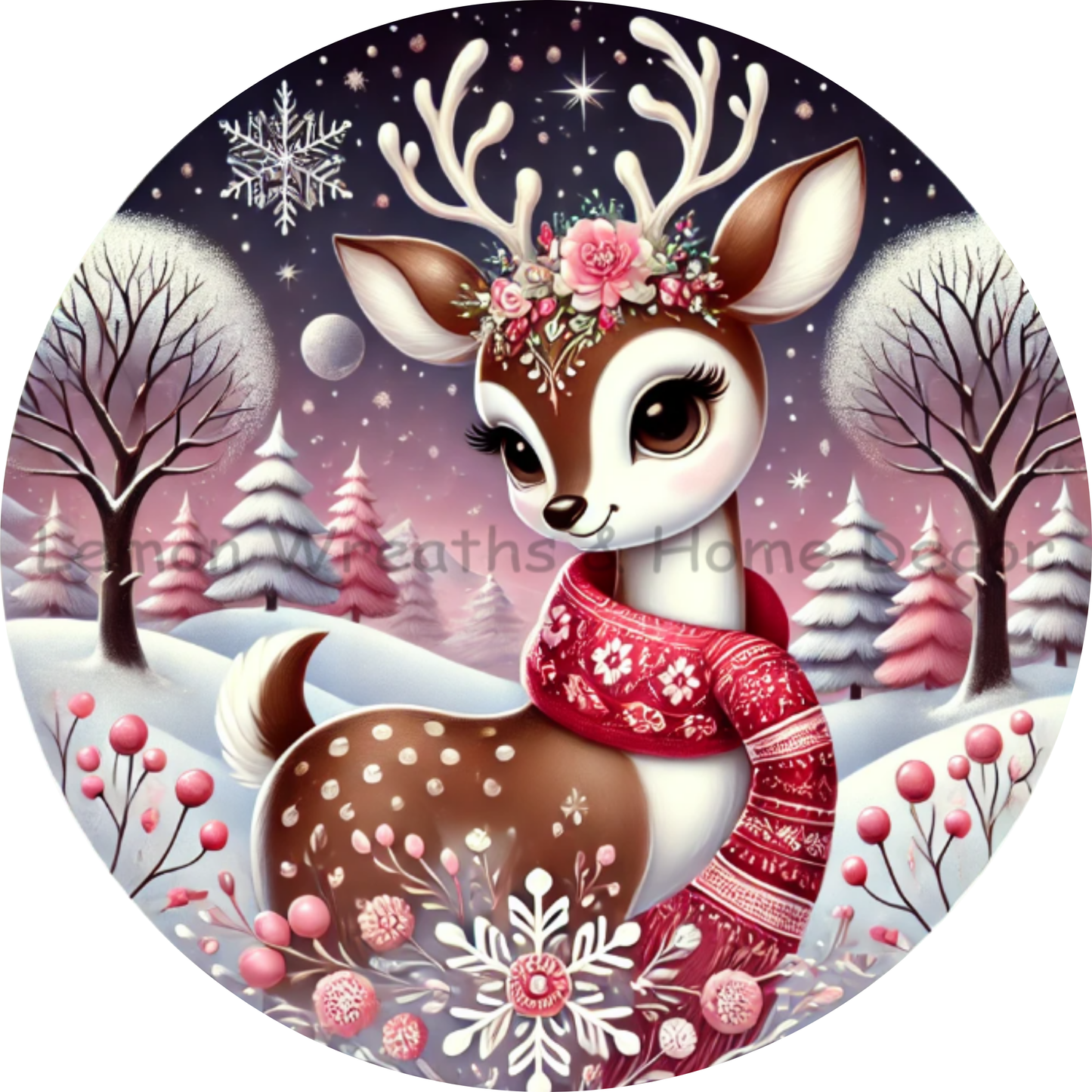 Enchanted Winter Reindeer Pink Metal Sign