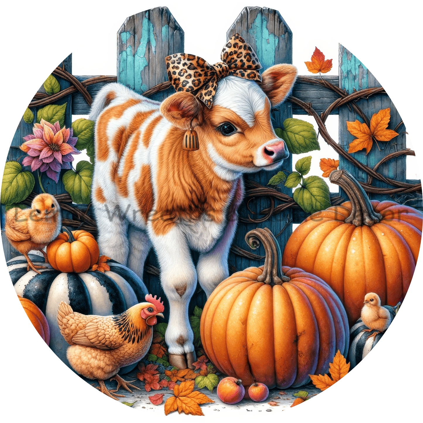Fall Calf With Leopard Print Bow Metal Sign