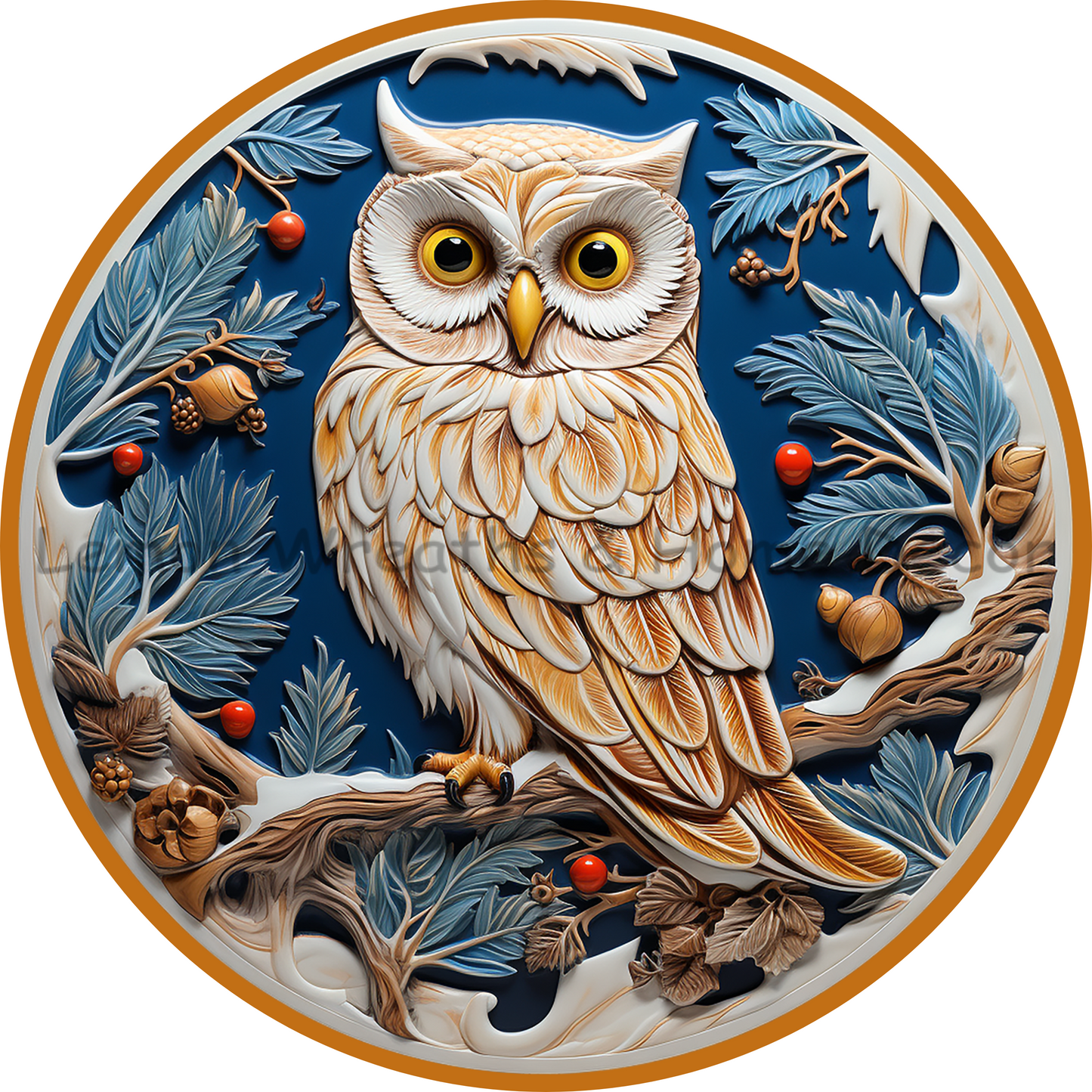 Faux 3D Gold Winter Owl Metal Sign