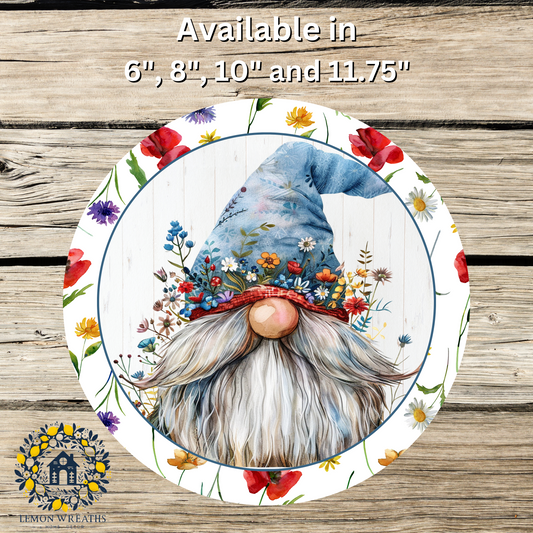 Floral Gnome Blue and Red Metal Sign