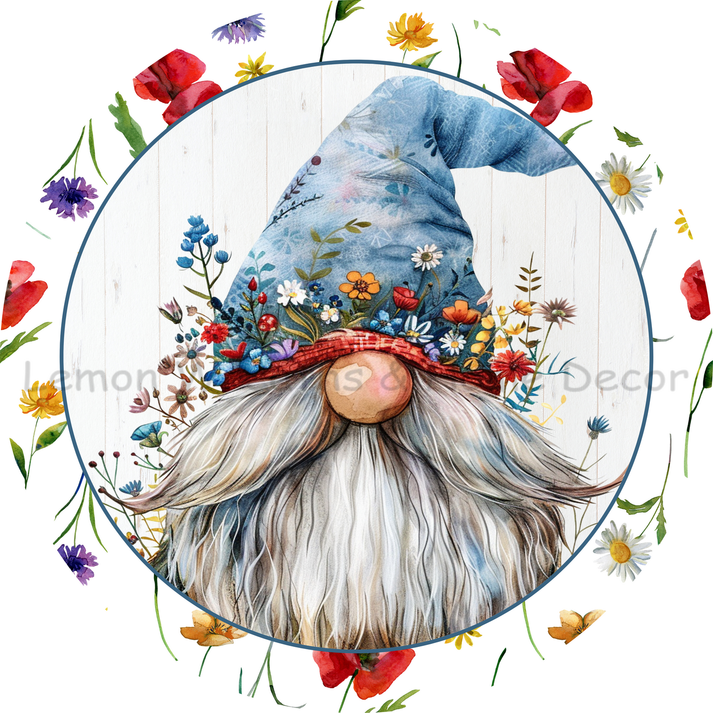 Floral Gnome Blue and Red Metal Sign
