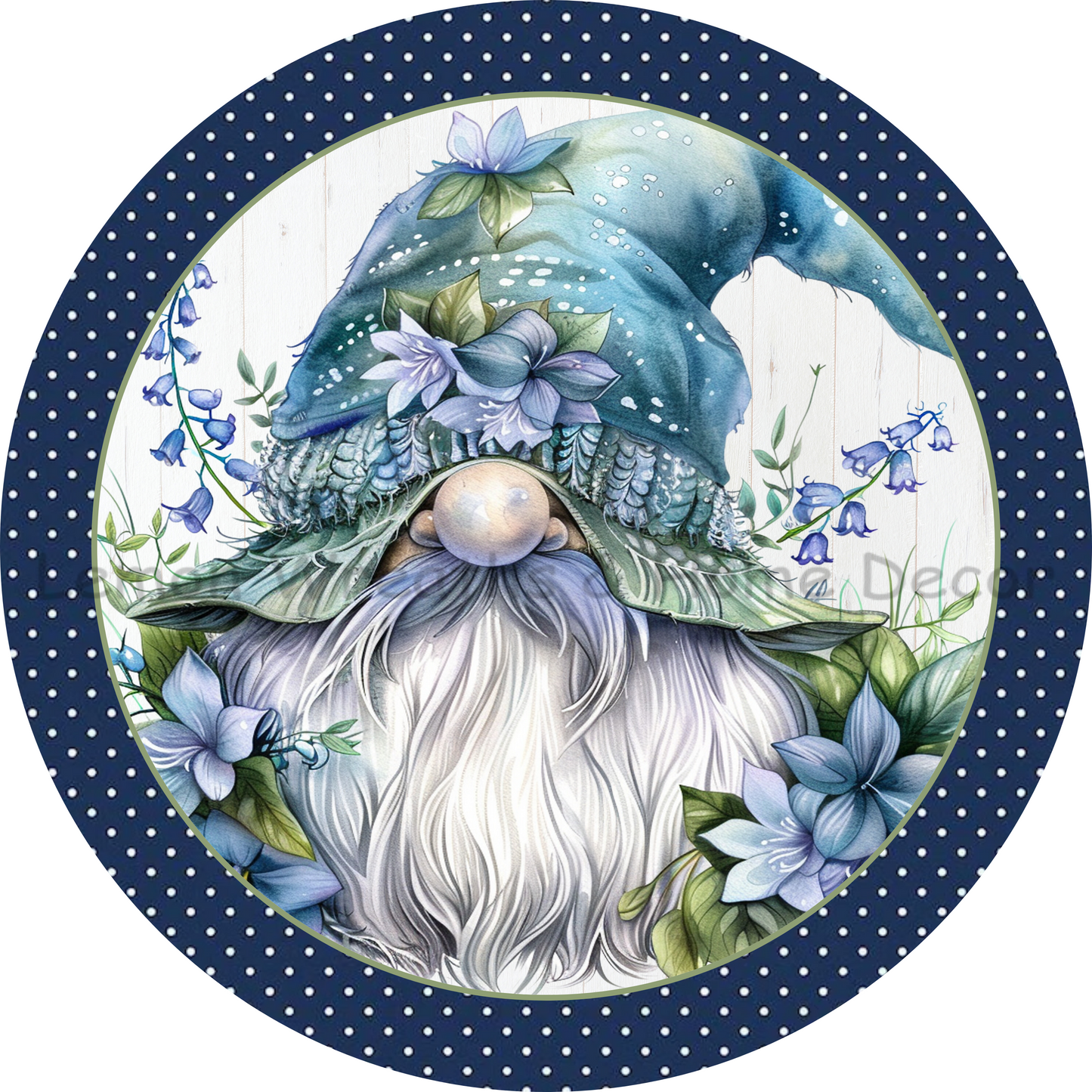 Floral Gnome Navy Blue Swiss Dot Metal Sign