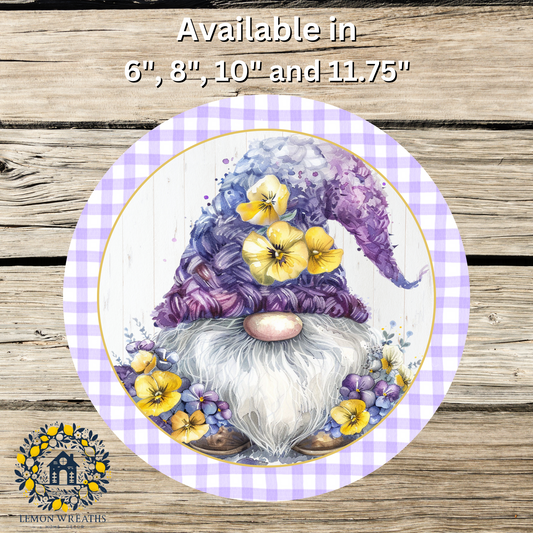 Floral Gnome Purple and Yellow Metal Sign