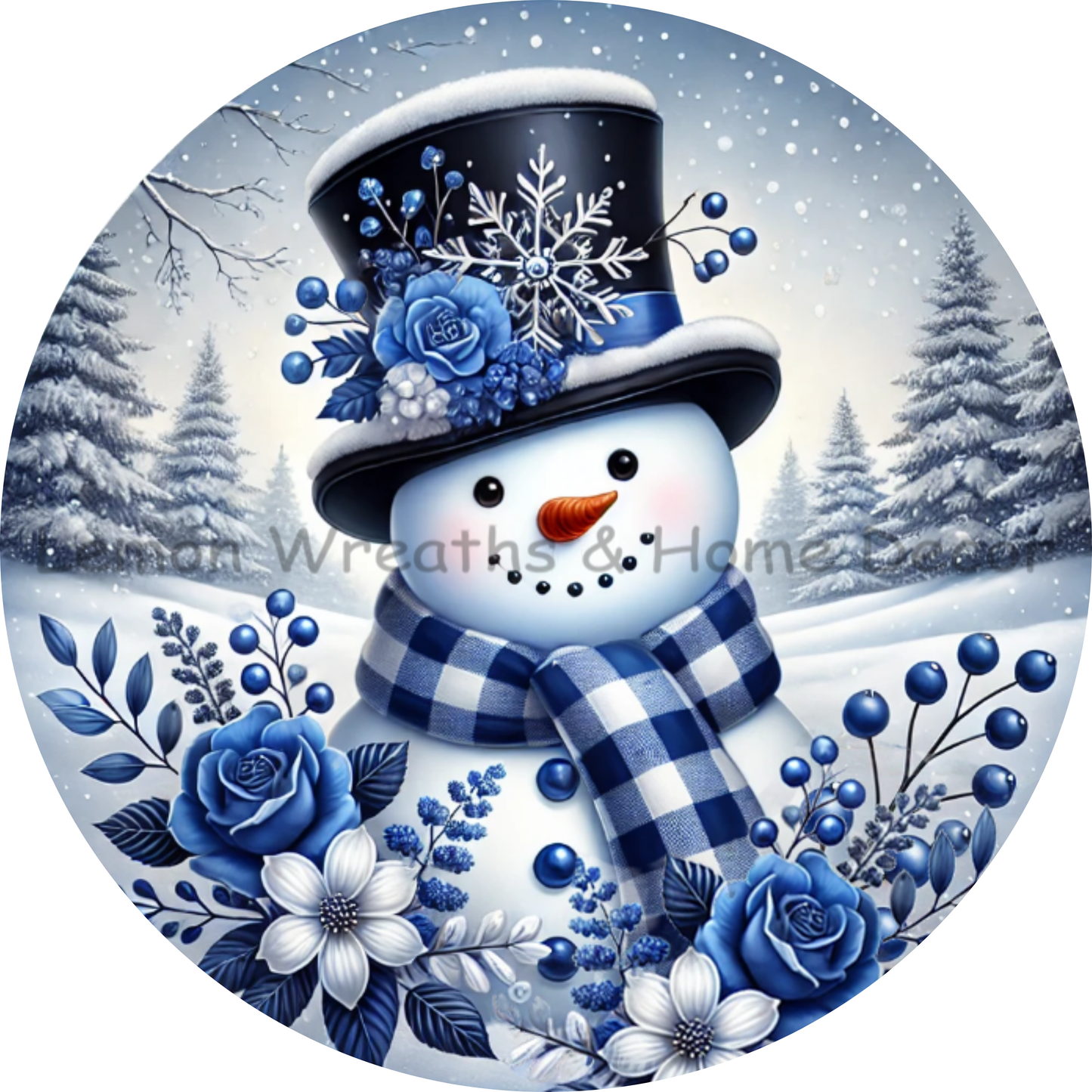 Floral Hat Snowman Blue Metal Sign