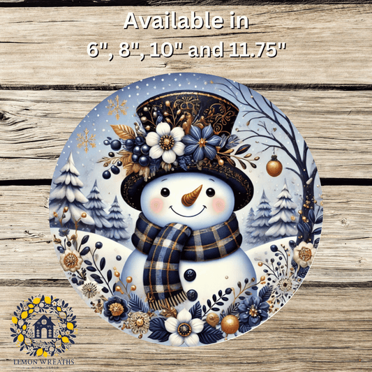 Floral Hat Snowman Navy Blue and Gold Metal Sign