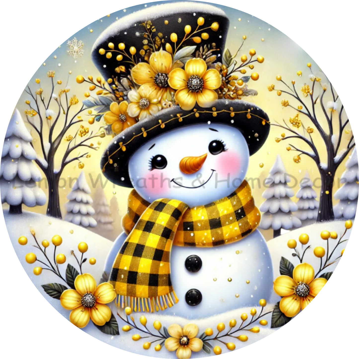 Floral Hat Snowman Yellow Metal Sign