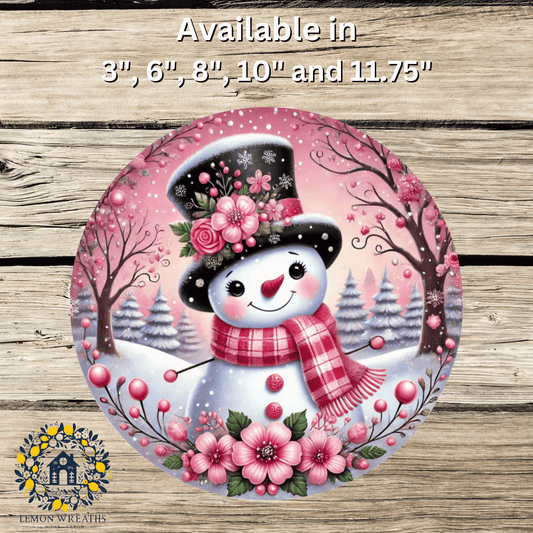 Floral Hat Snowman Pink Metal Sign