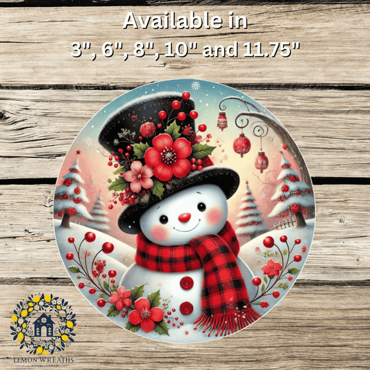 Floral Hat Snowman Red Metal Sign