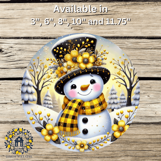 Floral Hat Snowman Yellow Metal Sign