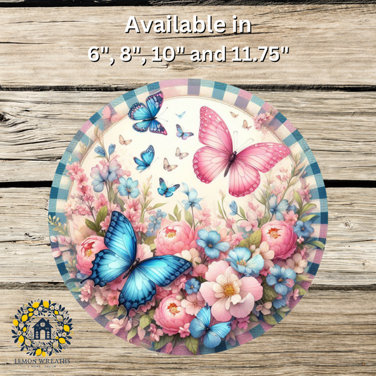 Flying Butterflies Blue & Pink With Flowers Metal Sign