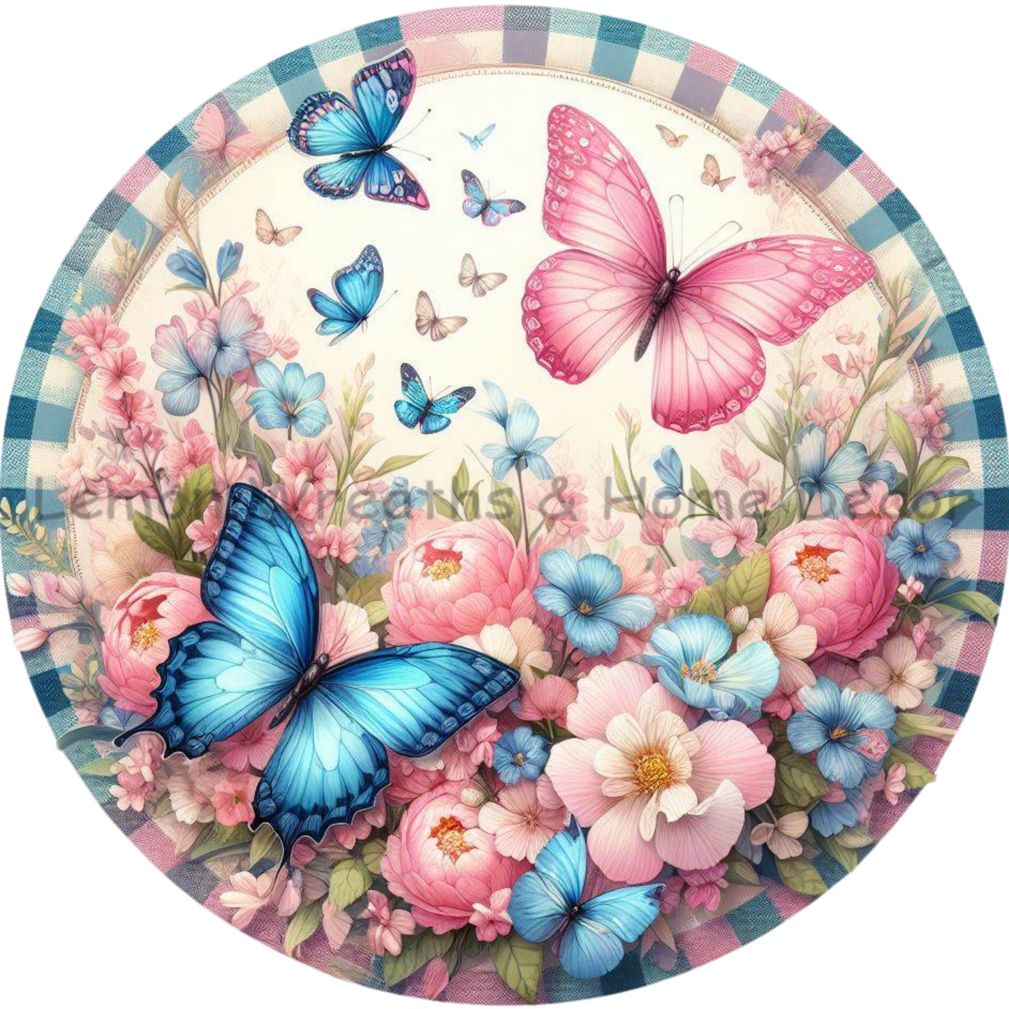 Flying Butterflies Blue & Pink With Flowers Metal Sign