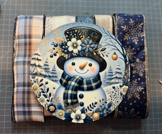 Floral Hat Snowman Navy Blue and Gold KIT