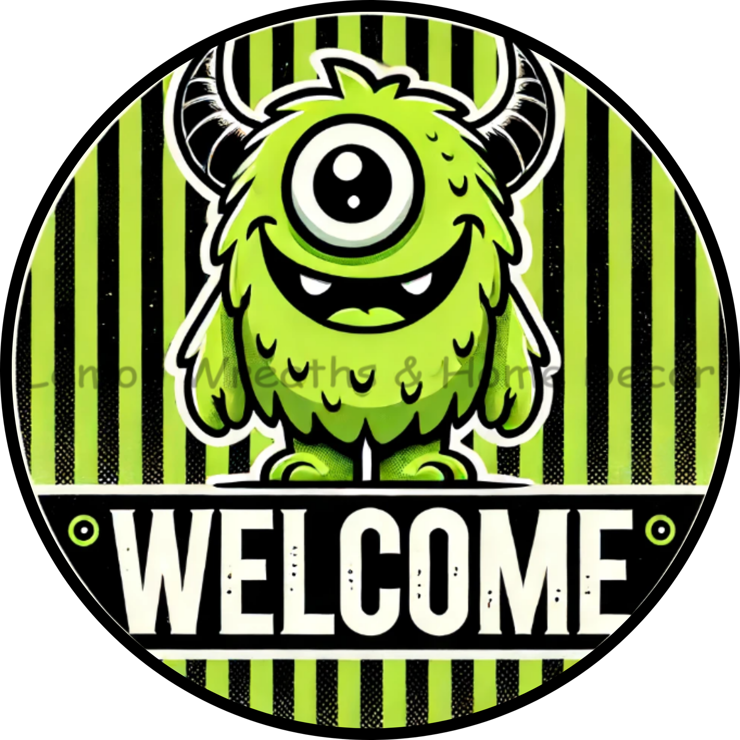 Furry One Eyed Green Halloween Monster Welcome Metal Sign