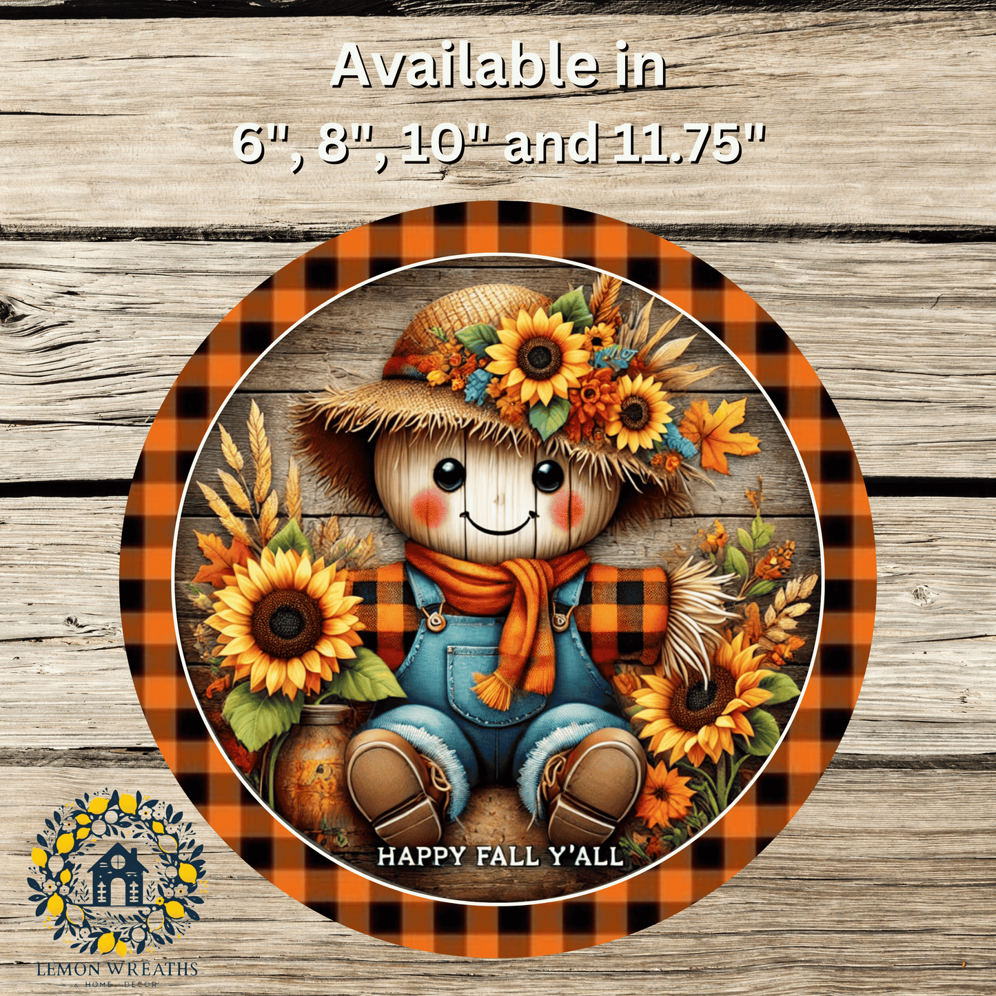 Happy Fall Ya'll Harvest Scarecrow Checkered Border Metal Sign