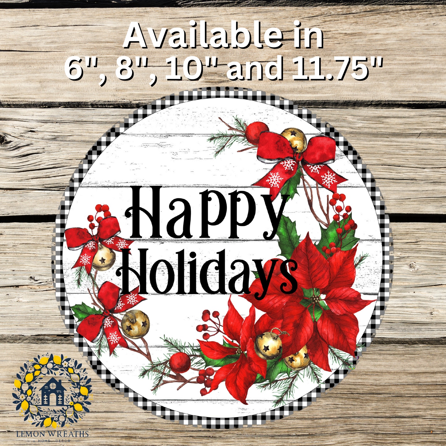 Happy Holidays Poinsettias Buffalo Check Metal Sign