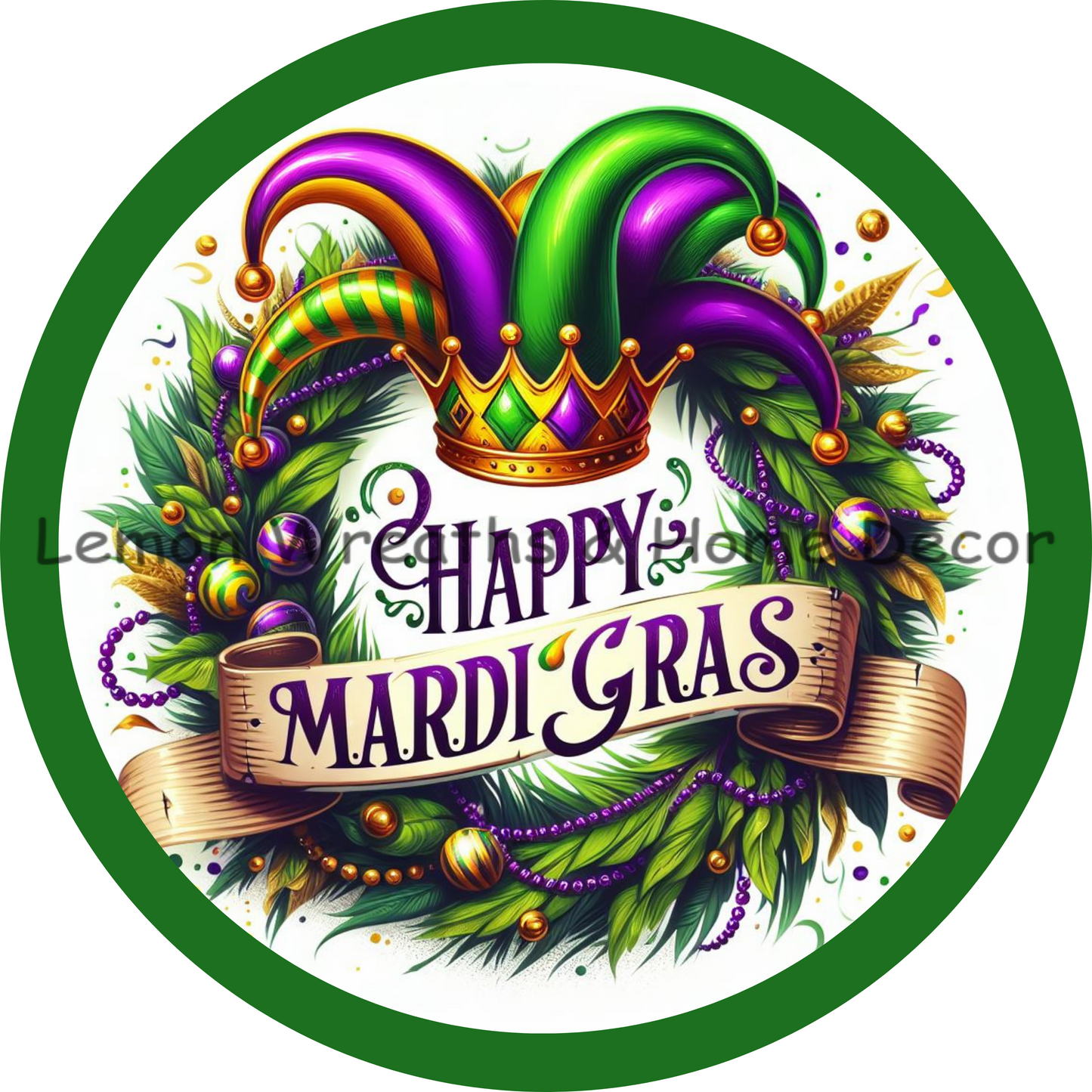 Happy Mardi Gras Jester Hat Green Border Metal Sign