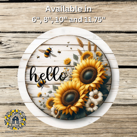 Hello Bumble Bees and Sunflowers Metal Sign