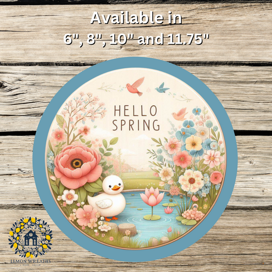 Hello Spring Duck on Pond Blue Border Metal Sign
