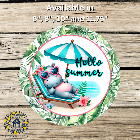 Hello Summer Hippo Sunbathing Metal Sign