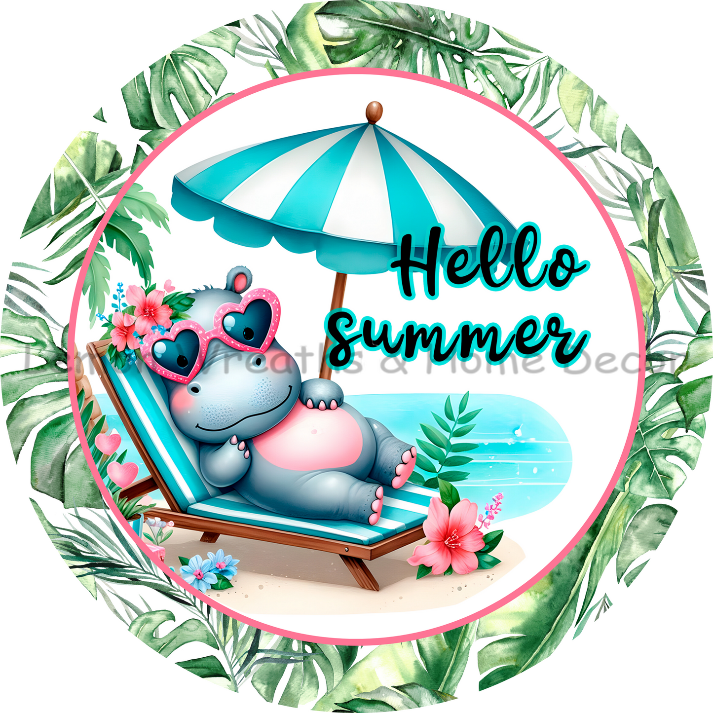 Hello Summer Hippo Sunbathing Metal Sign