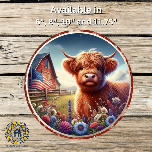 Highland Cow Patriotic Wildflowers Red Barn Metal Sign
