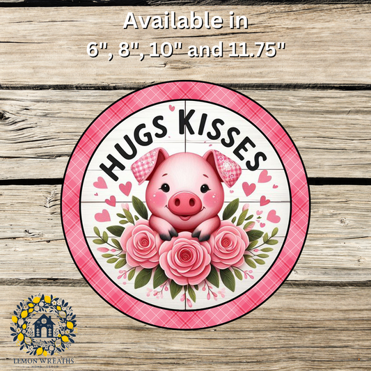 Valentine Hugs Kisses Pig With Roses Metal Sign