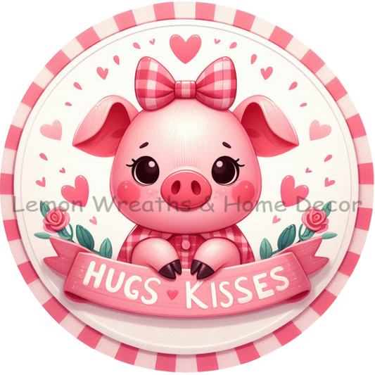 Hugs Kisses Valentine Pig With Bow Metal Sign