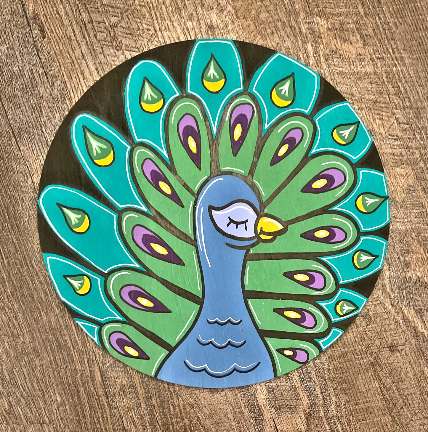 Peacock Hand Painted Wood Sign 10”