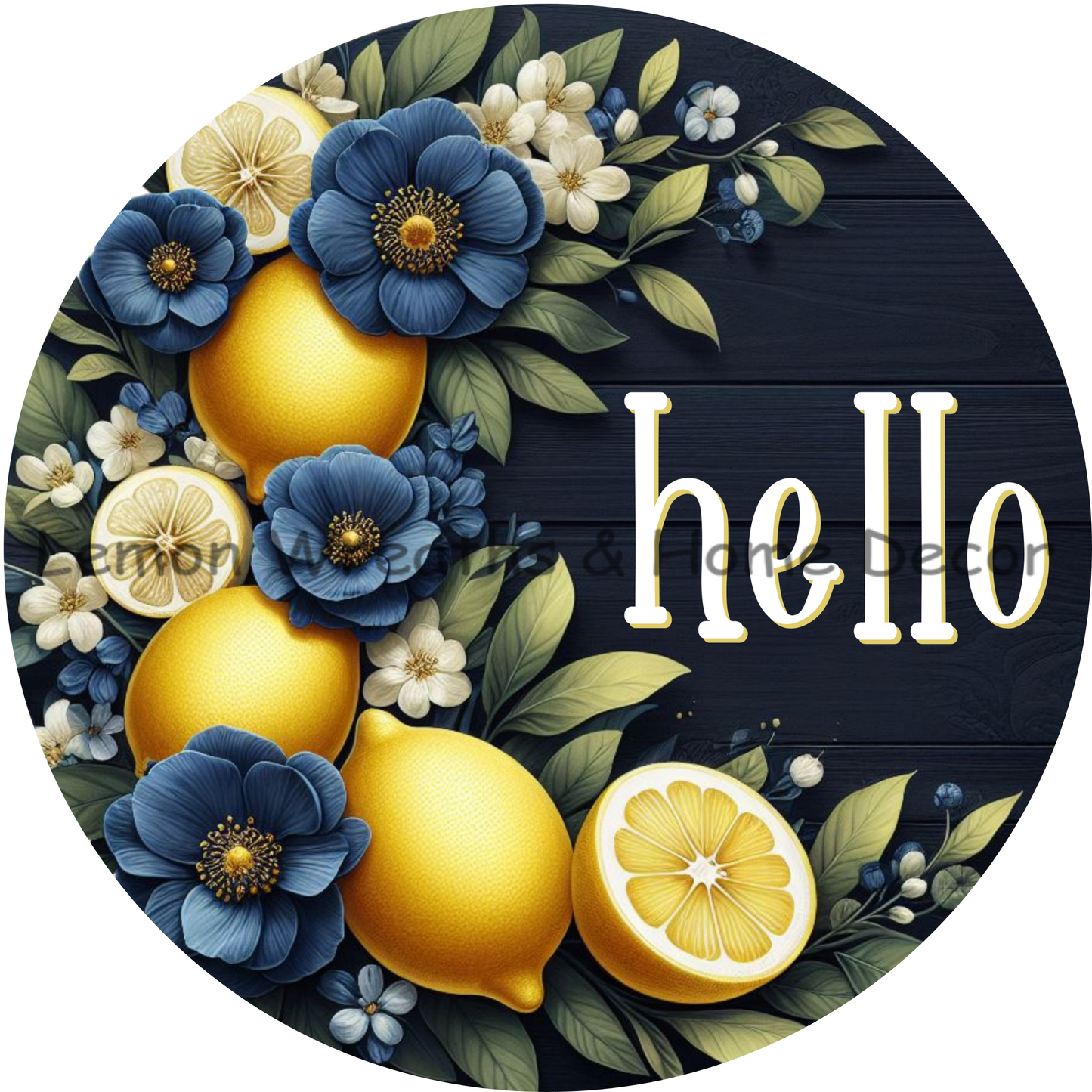 Blue Magnolias and Lemons Hello Metal Sign