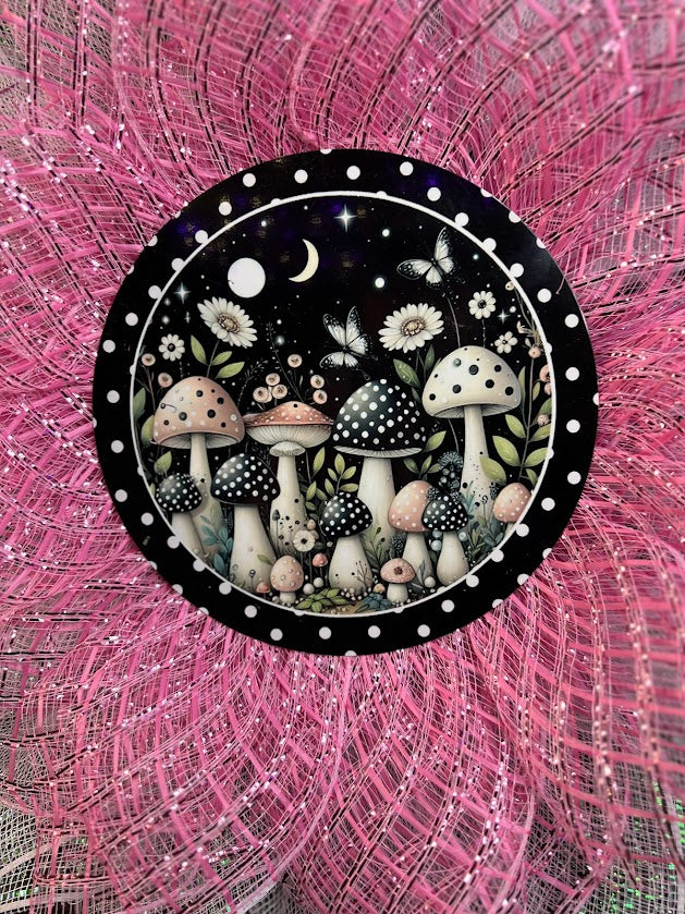 Pink & Black Polka Dot Mushroom Garden Petal Wreath