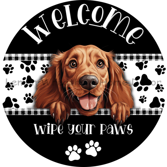 Dog Peeking Irish Setter Welcome Wipe Your Paws Metal Sign