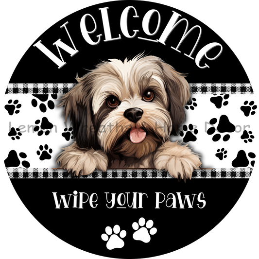 Dog Peeking Lhasa Apso Welcome Wipe Your Paws Metal Sign