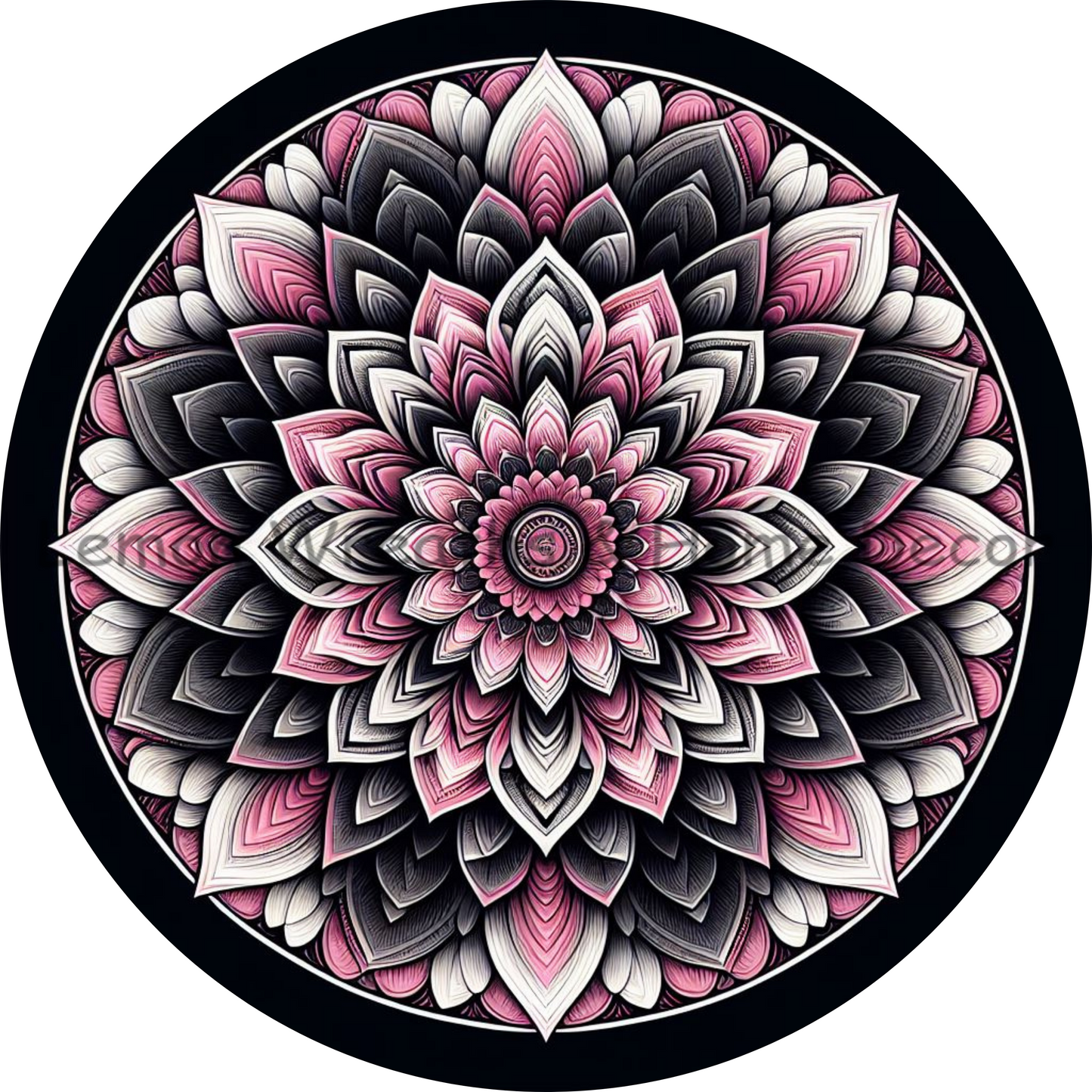 Mandala Flower Center Pink, Black and White Metal Sign