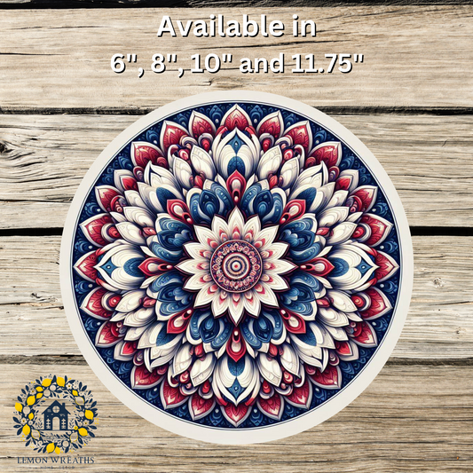 Mandala Flower Center Red White and Blue Metal Sign