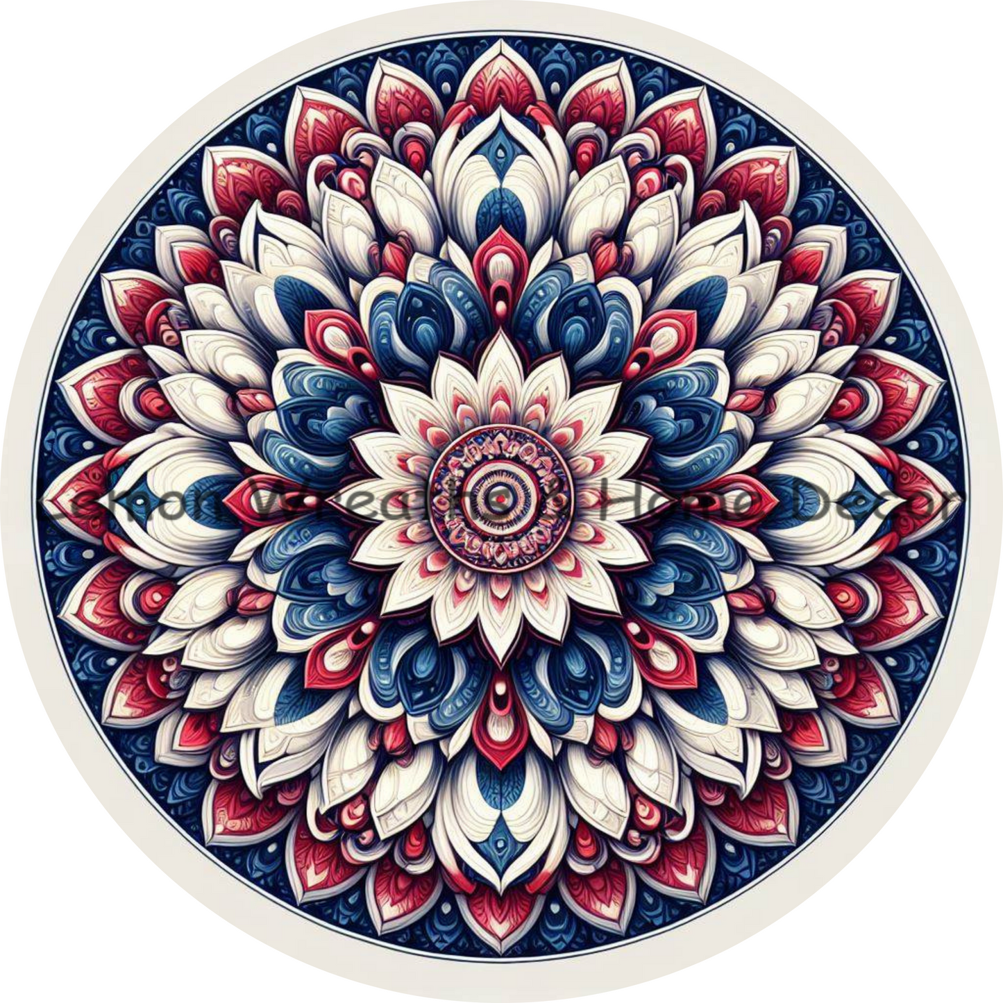 Mandala Flower Center Red White and Blue Metal Sign