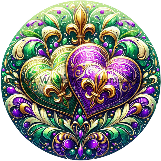 Mardi Gras Fleur de Lis Hearts Metal Sign