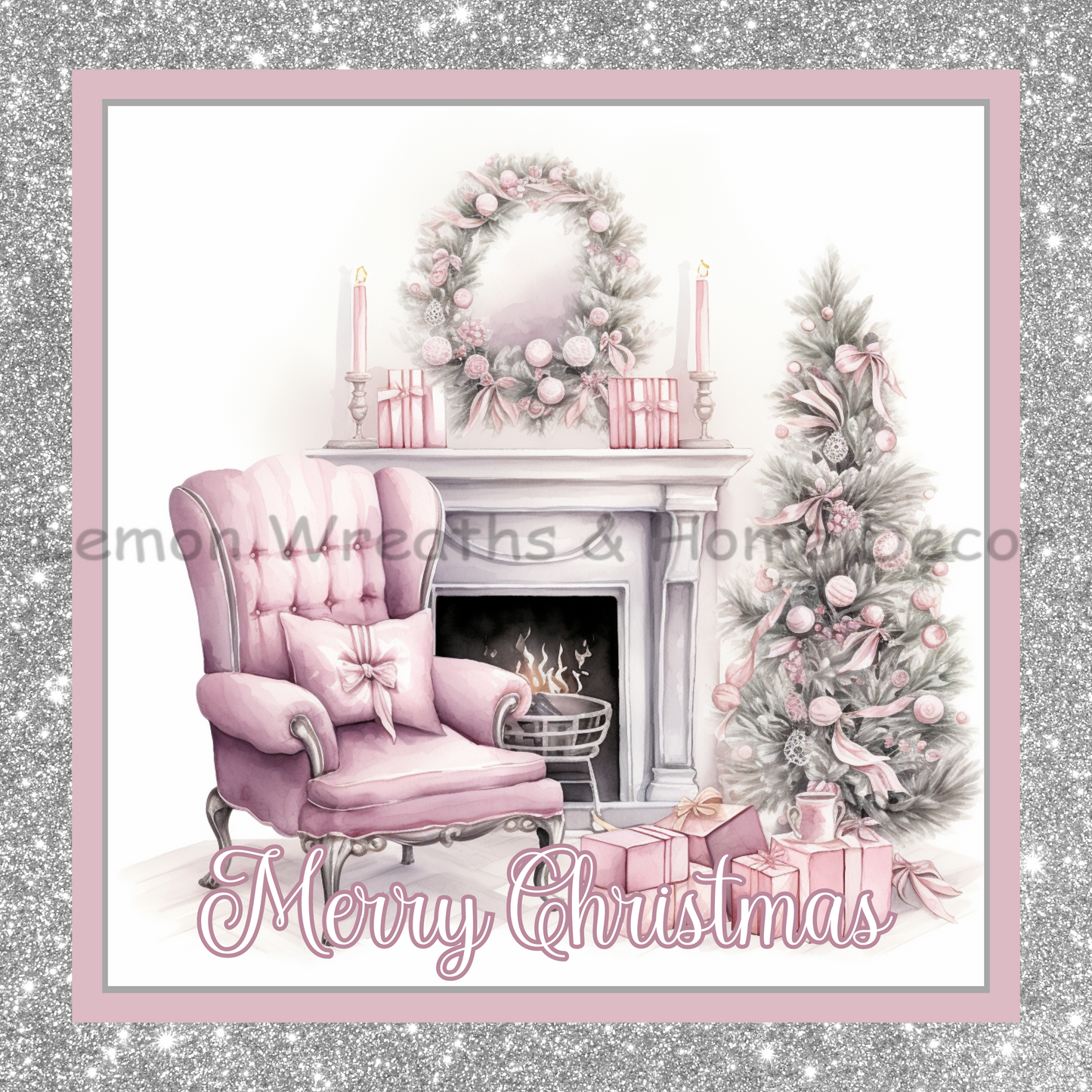 Merry Christmas Pink Christmas Fireplace Scene Metal Sign (Happy Holidays, Seasons Greetings)