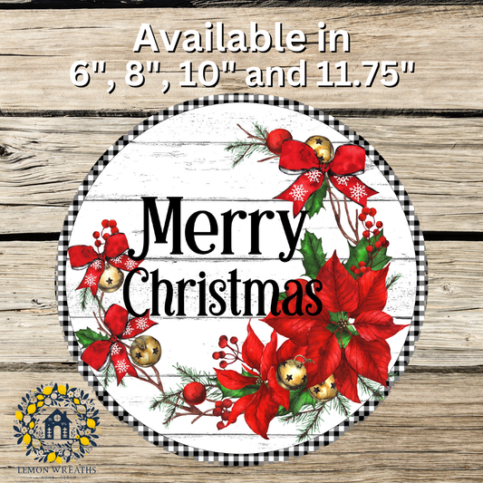 Merry Christmas Poinsettias Buffalo Check Metal Sign