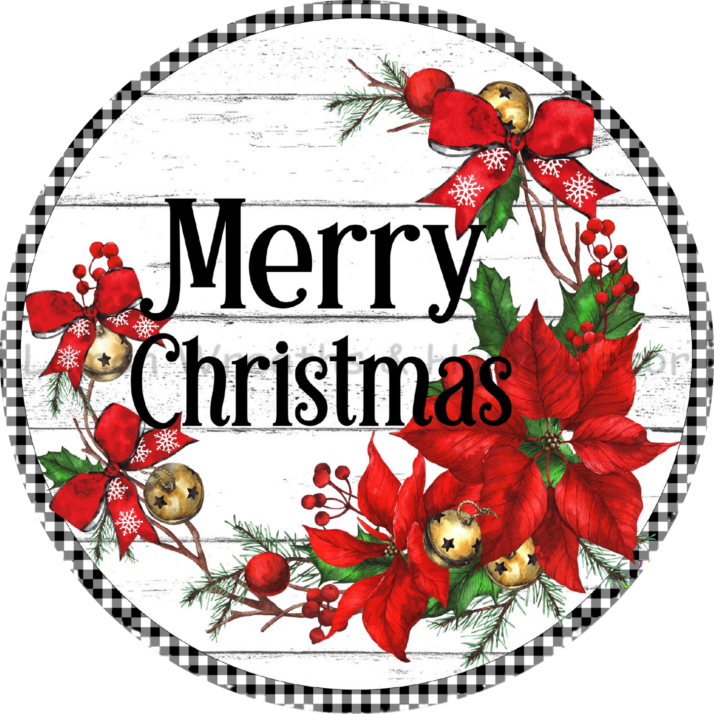 Merry Christmas Poinsettias Buffalo Check Metal Sign