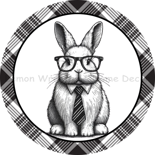 Monochrome Bunny Wearing Glasses Metal Sign
