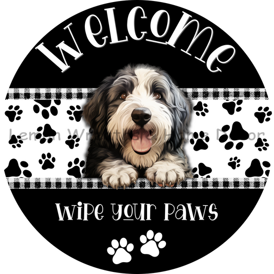 Dog Peeking Old English Sheepdog Welcome Wipe Your Paws Metal Sign