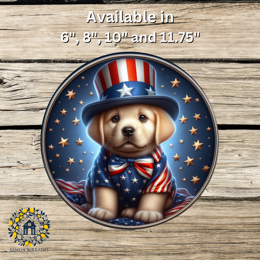 Patriotic Puppy Wearing Top Hat and Bow Tie Metal Sign