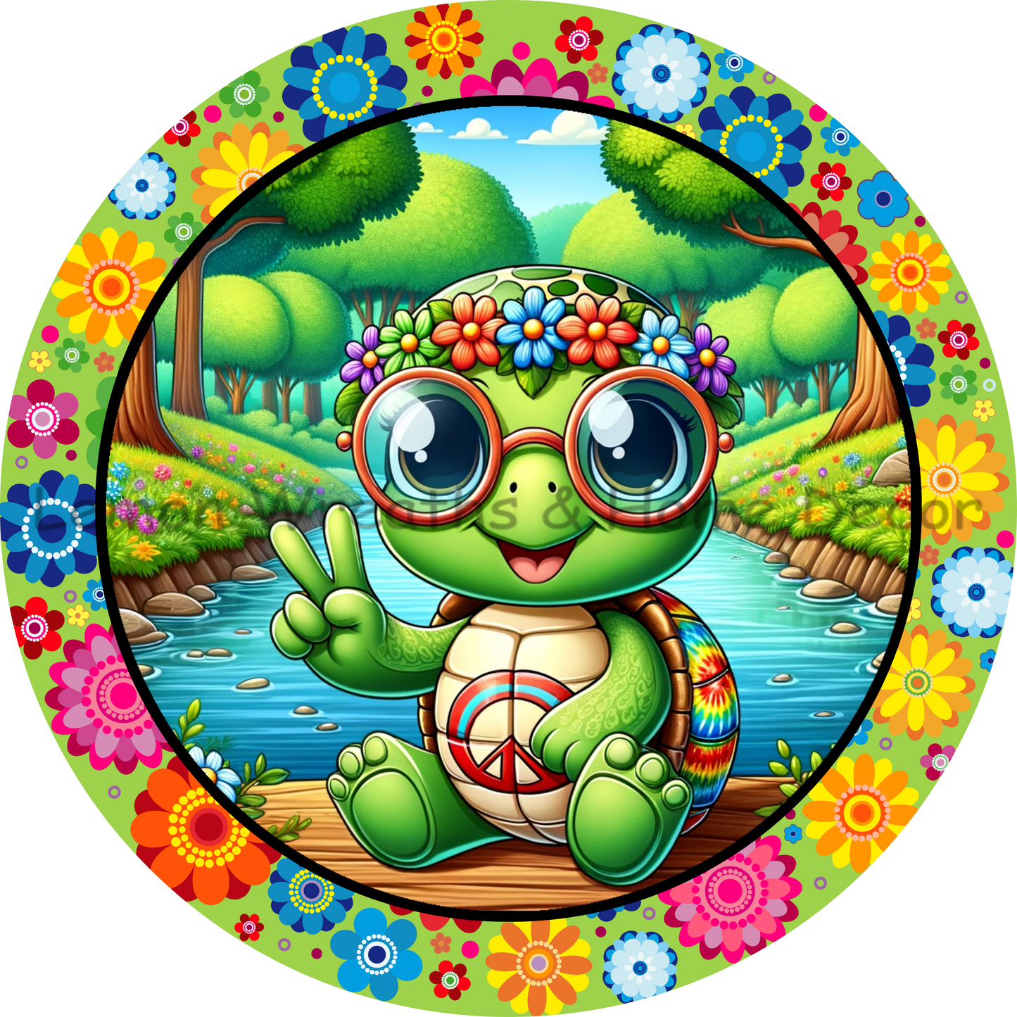 Peace Turtle Flower Border Metal Sign